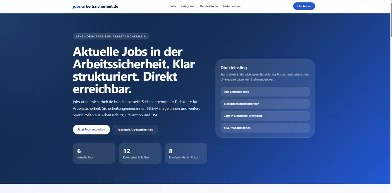 jobs-arbeitssicherheit.de fokussiert aktuelle Stellen rund um Arbeitssicherheit. Hauptansicht