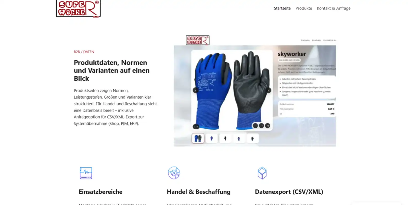 SUPER WORKER® konzentriert sich auf eine fokussierte Produkt- und Markenfläche. Hauptansicht